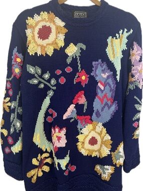 Marta D Berek Rare Vintage hand knit  Embroidered  Intarsia Tunic Sweater
